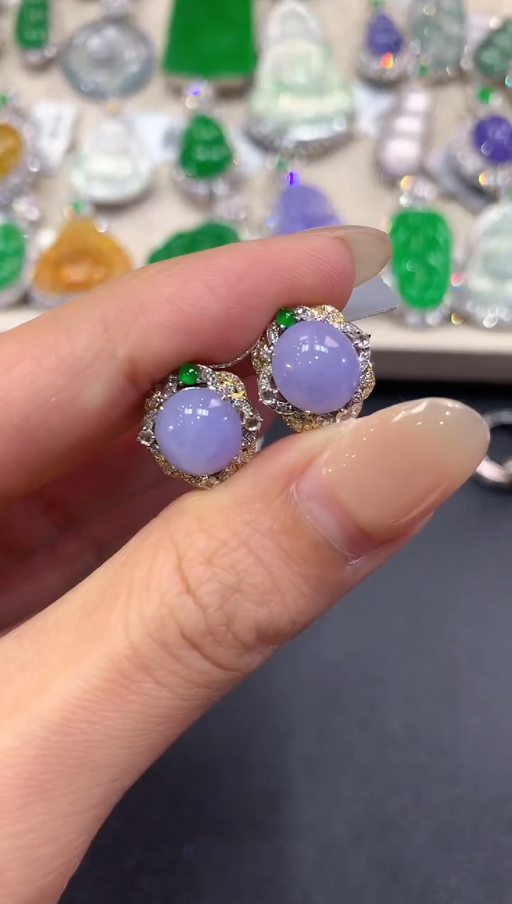 【闪购商品】翡翠耳饰18K金镶嵌q53紫货有色差