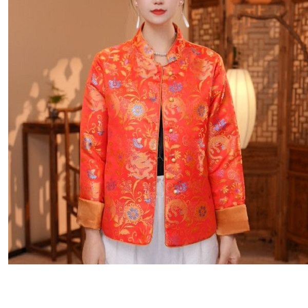 【龙凤呈祥】长袖短款时尚复古红色中式中国风印花棉衣