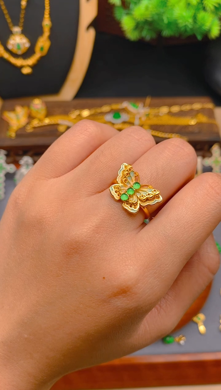 翡翠银S925镶嵌戒指蝴蝶戒指