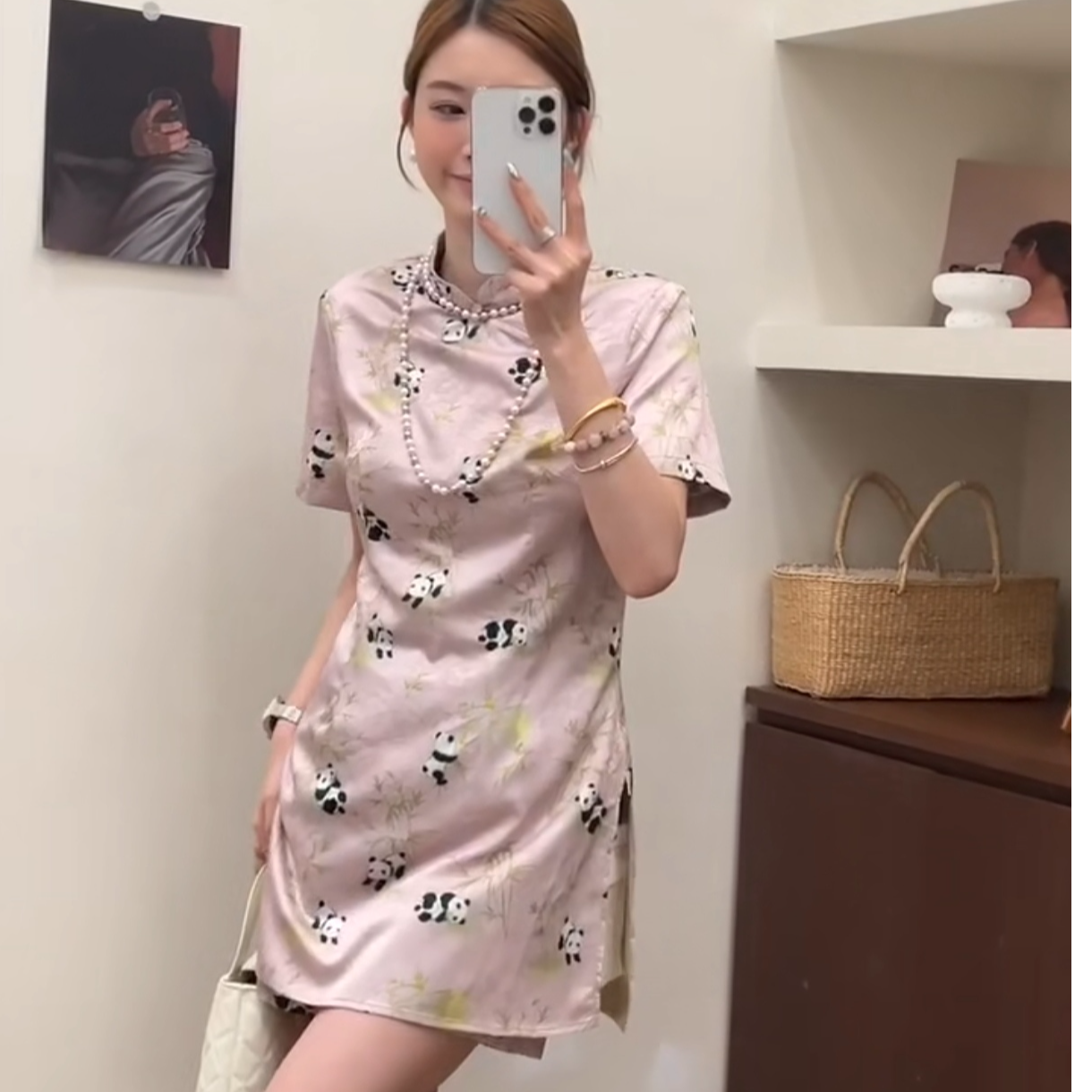 熊猫天丝改良旗袍斜襟收腰短裤套装
