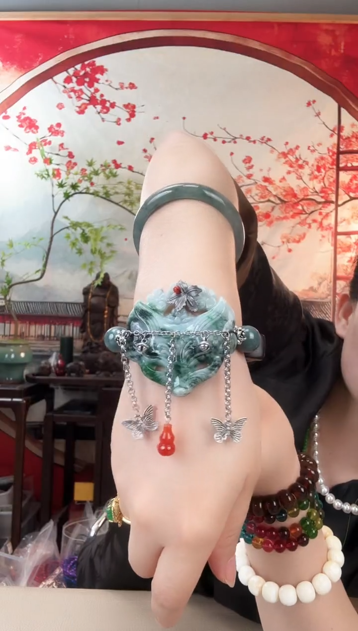 绿色花开富贵设计款手牌