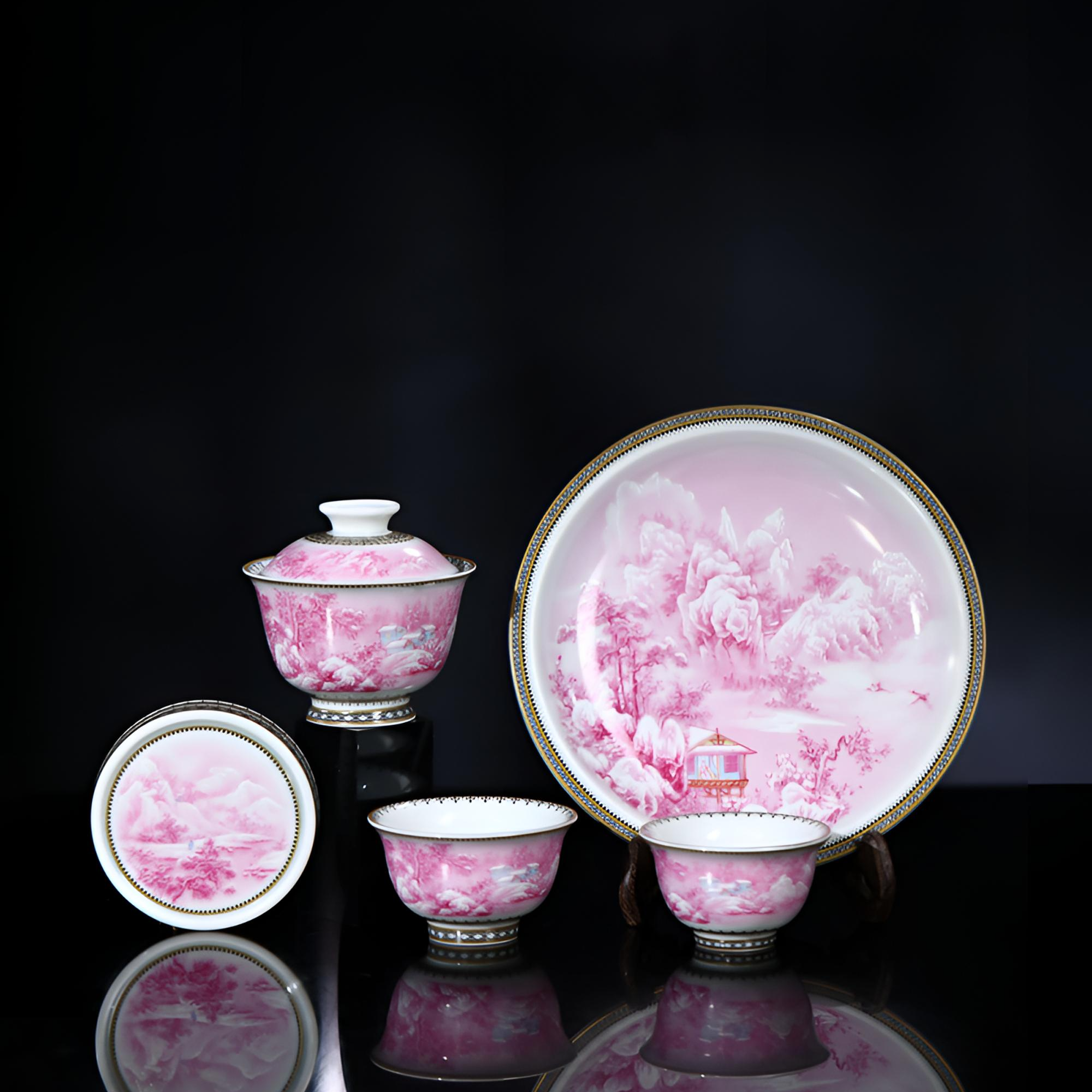 景德镇手工高温瓷宝石红雪景山水五件套礼盒高端送人送礼陶瓷茶具