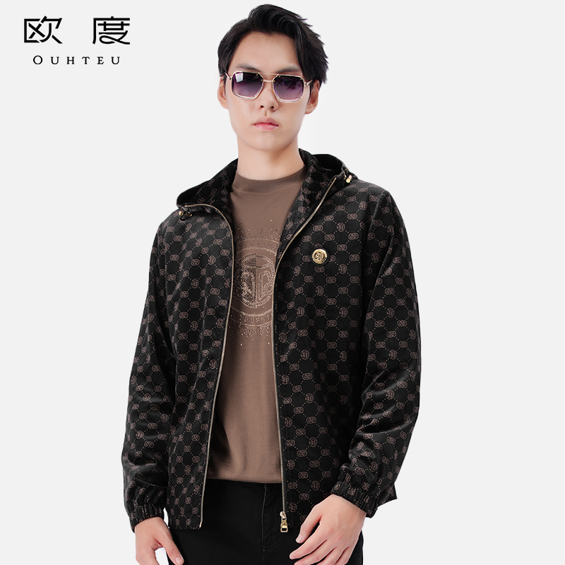 OUHTEU/欧度【经典丝绒】25秋冬新品品牌LOGO连帽男士棉服外套7610