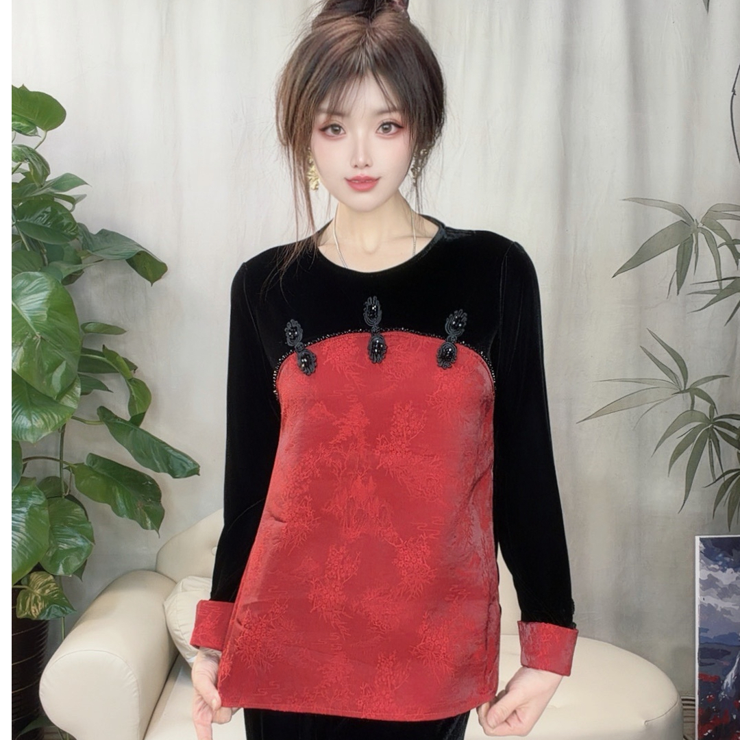 2025新中式新年国风撞色拼接盘扣长袖丝绒上衣休闲衫显瘦气质