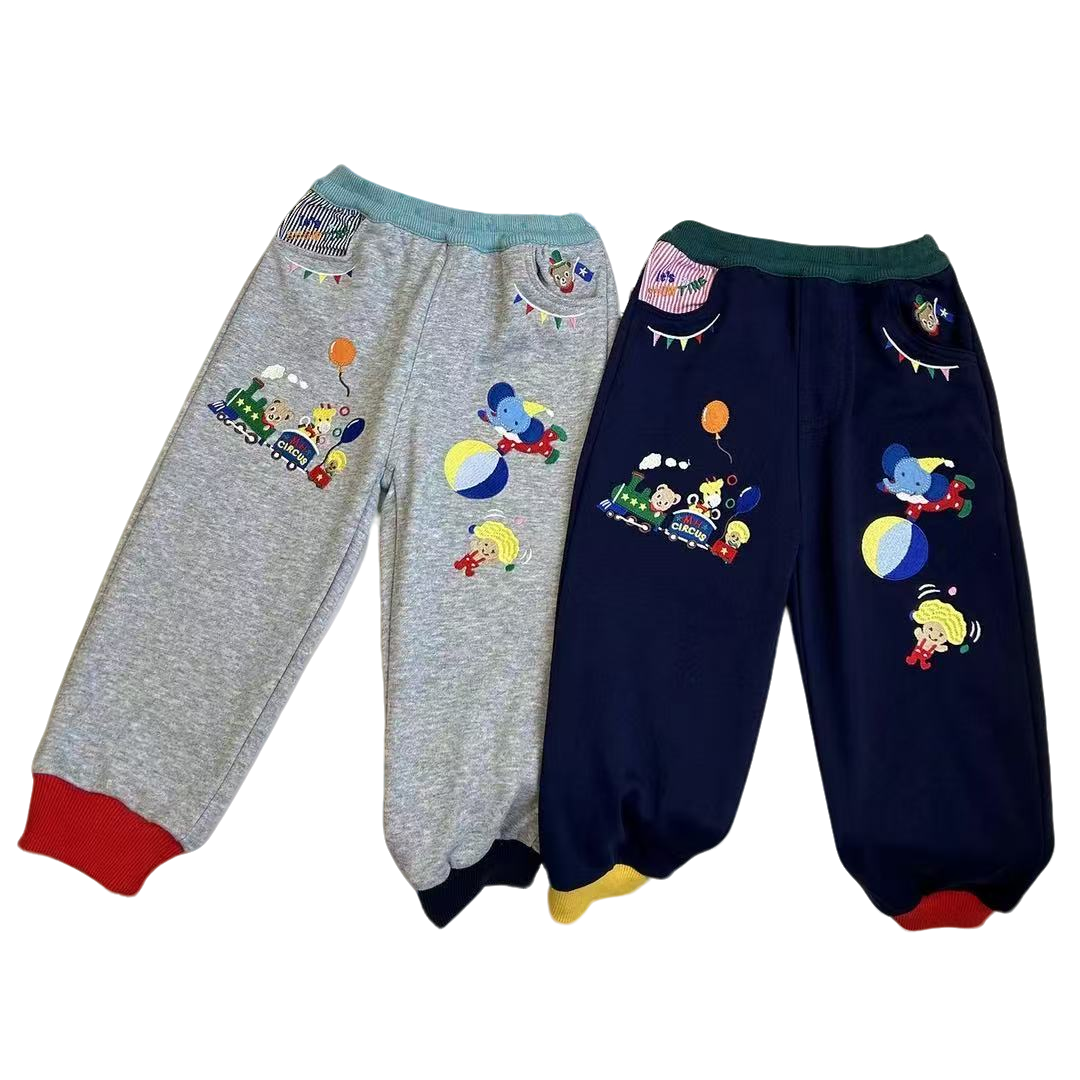 秋冬款马戏团刺绣花边男女宝A类毛圈加绒卫裤 鸳鸯松紧裤腿休闲裤