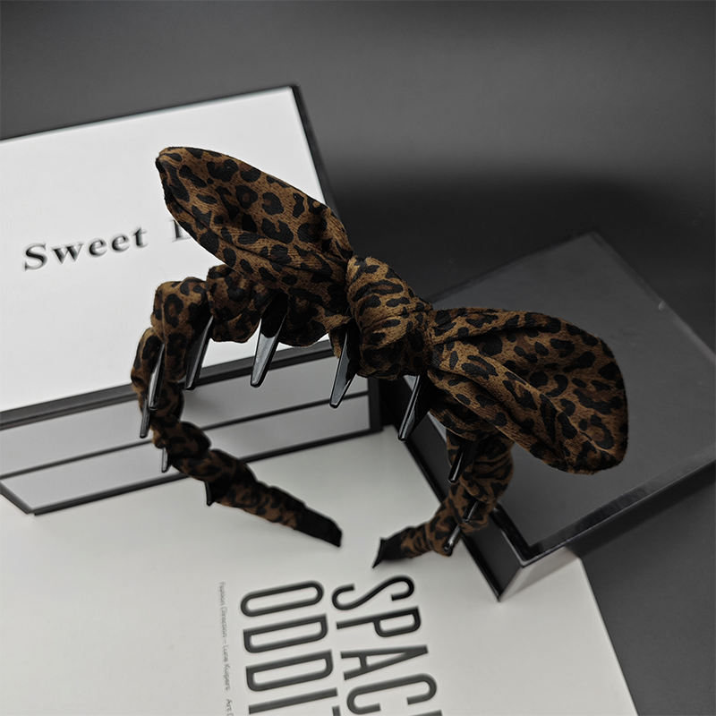 新款秋冬绒面豹纹蝴蝶结发箍兔耳朵发卡大波浪齿碎发头箍发饰品