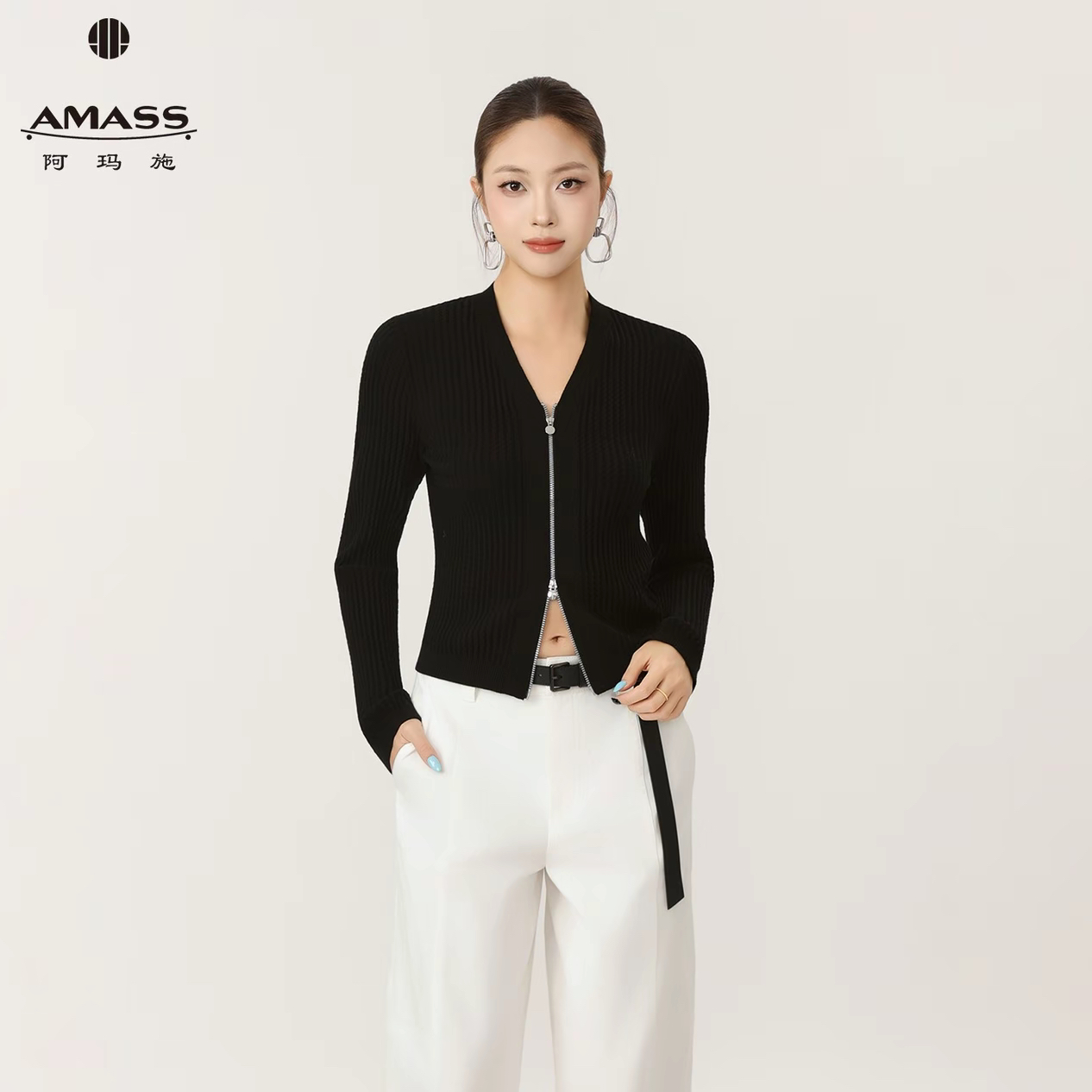 AMASS/阿玛施羊毛针织衫开衫V领短款毛衣女针织拼接纯色衫548026