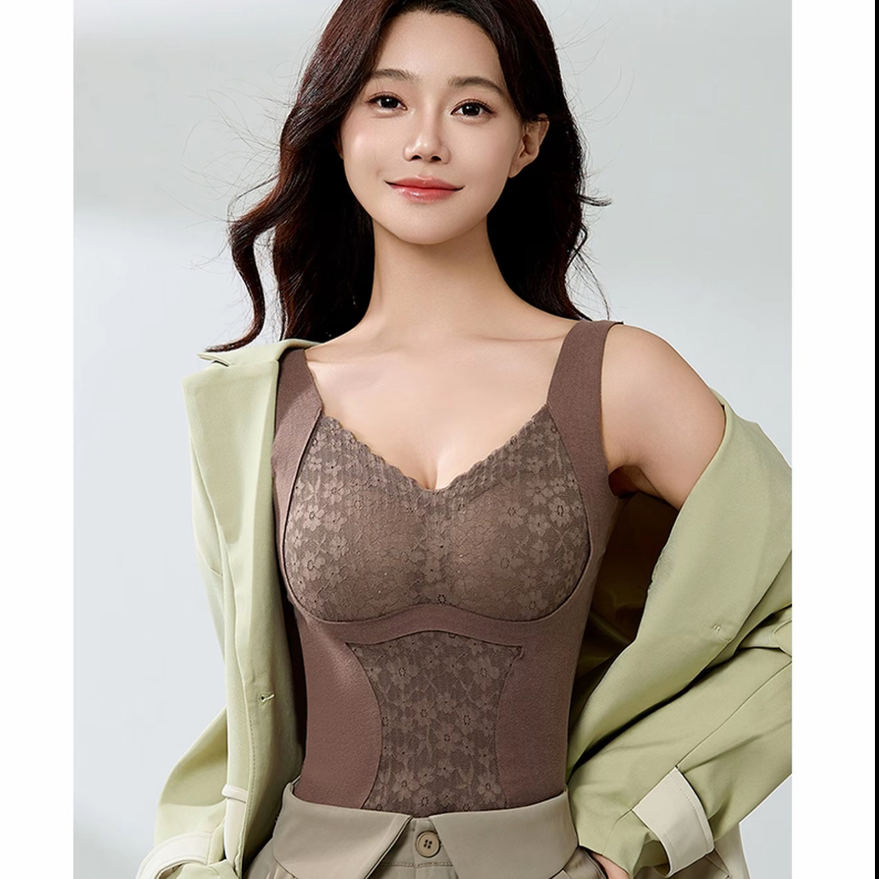【全额运补】无袖V领蕾丝双面磨毛保暖背心女自带胸垫内搭打底秋冬