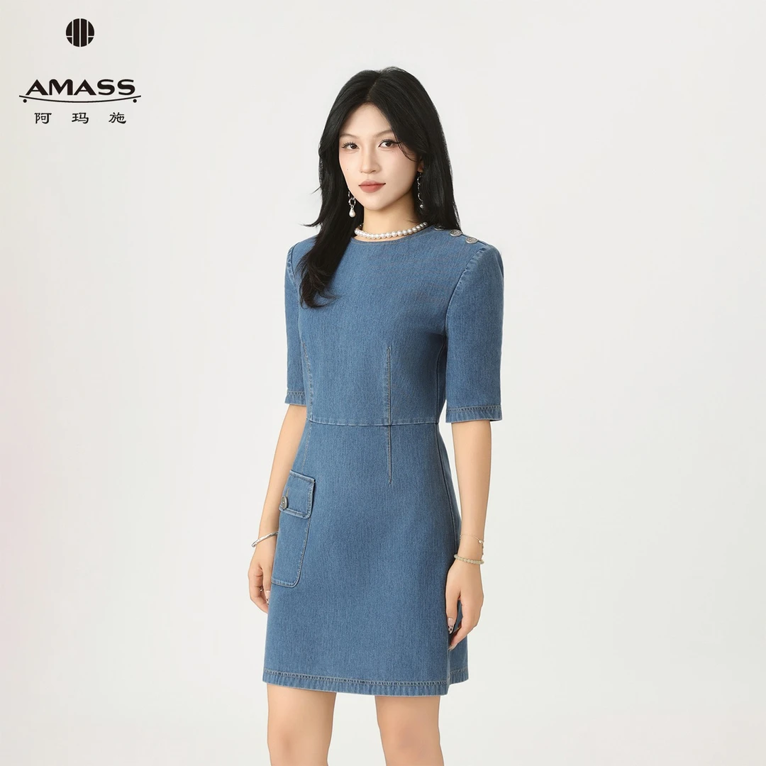 AMASS/阿玛施 夏季休闲口袋拼接设计收腰显瘦气质连衣裙女5500574