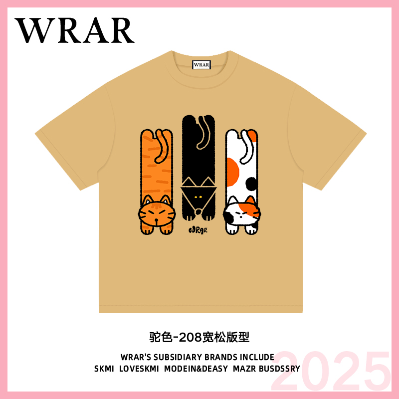 【三只书签小猫】 新品时尚透气宽松T恤印花休闲卡通百搭圆领