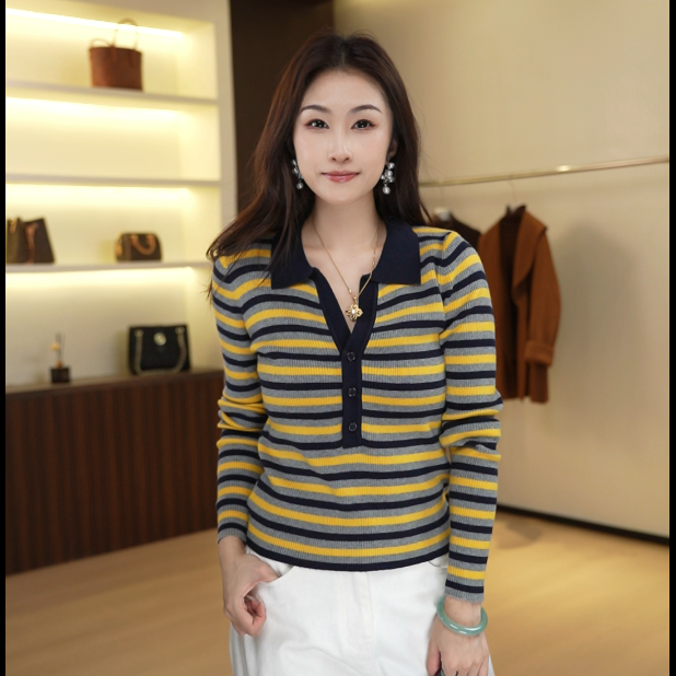 7001长袖翻领条纹厚款针织女毛针织衫拼色毛衫毛衣百搭