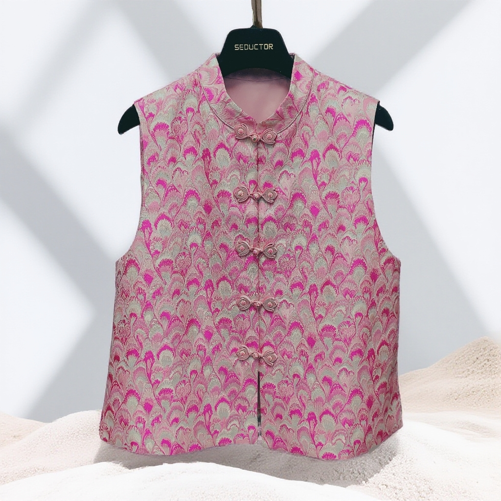 原创桑蚕丝螺钿宋锦立领手工盘扣遮肉显瘦气质马甲背心上衣女