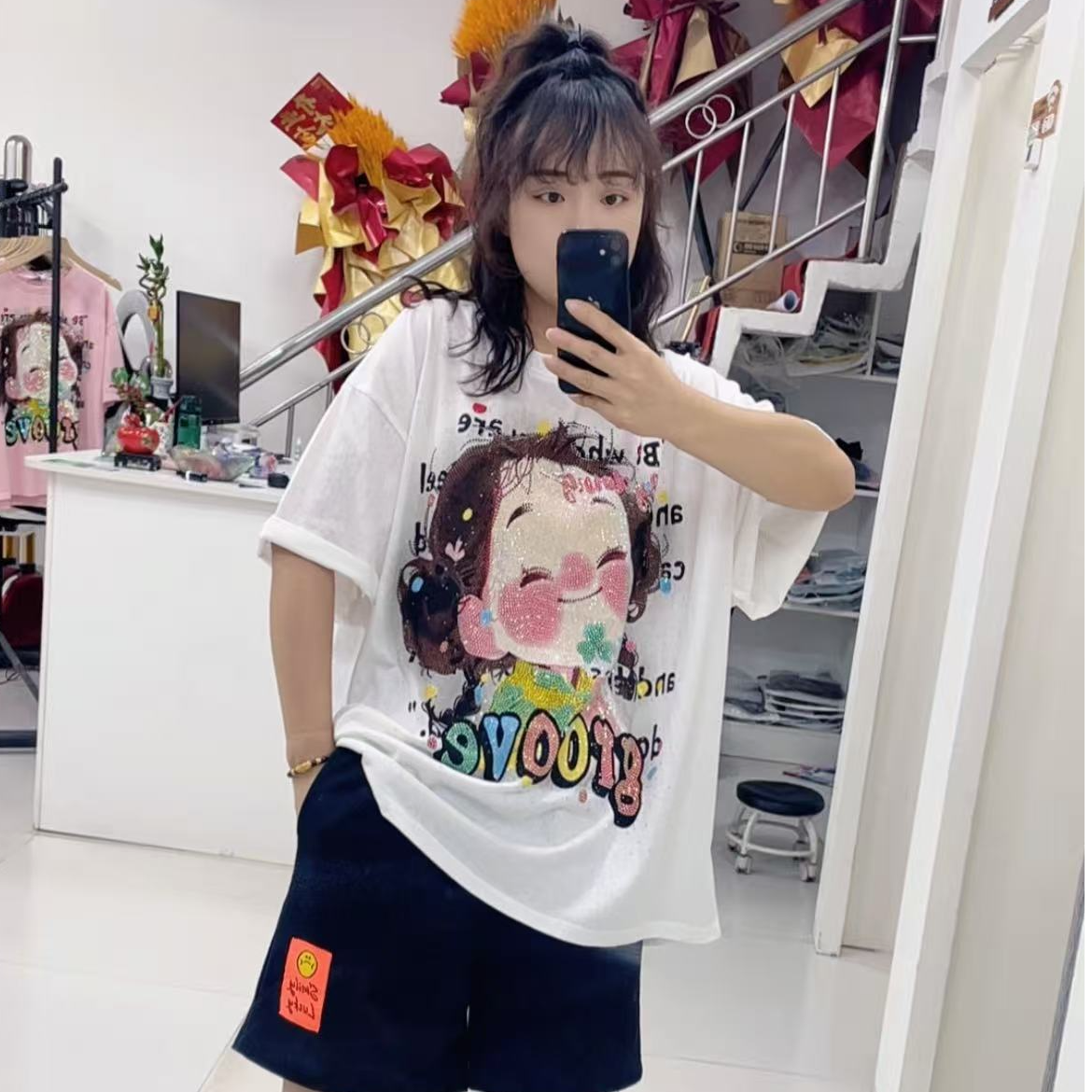 欧版13468满钻卷发小女孩短袖T-5062短袖休闲风T恤大版长款百搭