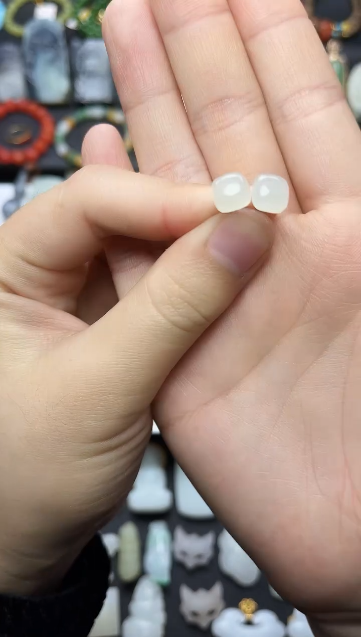 银S925镶嵌和田玉耳饰方糖耳钉06