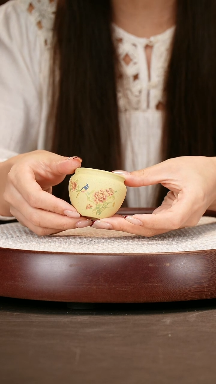 紫砂茶杯本山绿花鸟杯