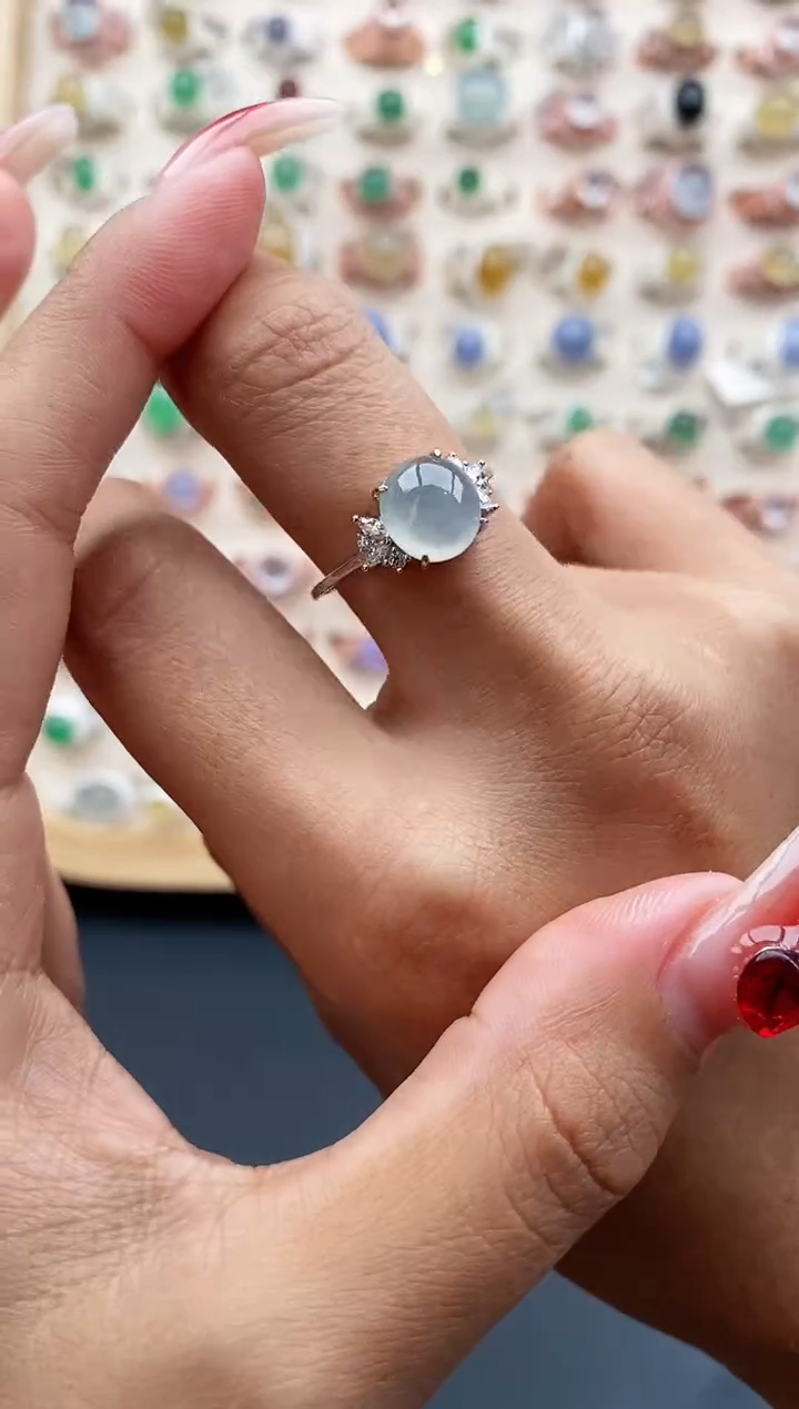 【闪购商品】翡翠戒指银S925镶嵌缅甸天然A货翡翠222 6+9