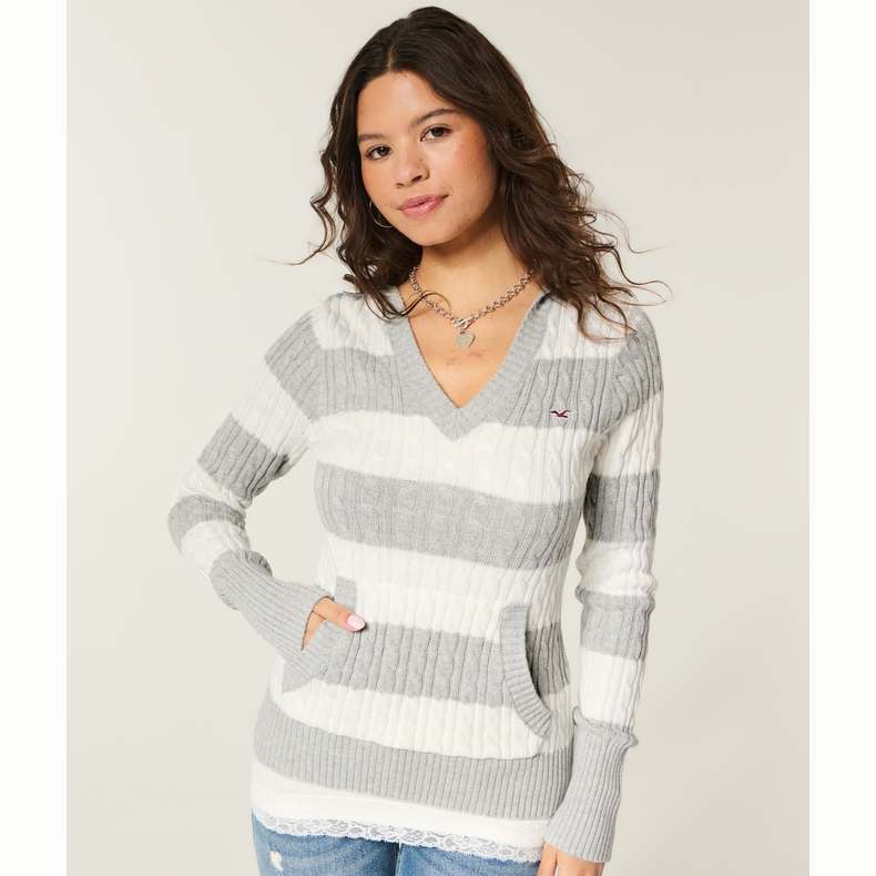 Hollister小海鸥图案麻花V领连帽针织毛衣26春季新款女装350-6027