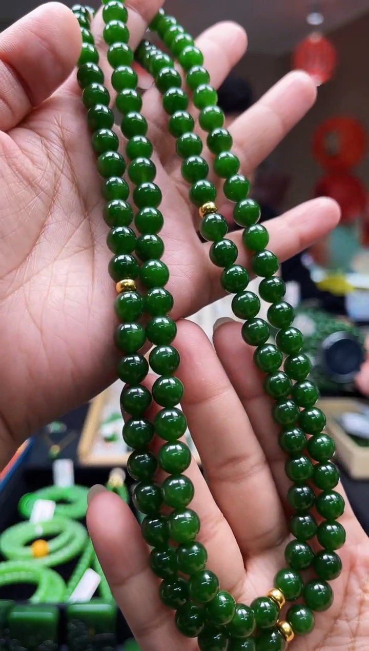 【闪购商品】和田玉（碧玉）项链18K金镶嵌8mm典藏级俄7辣绿108颗