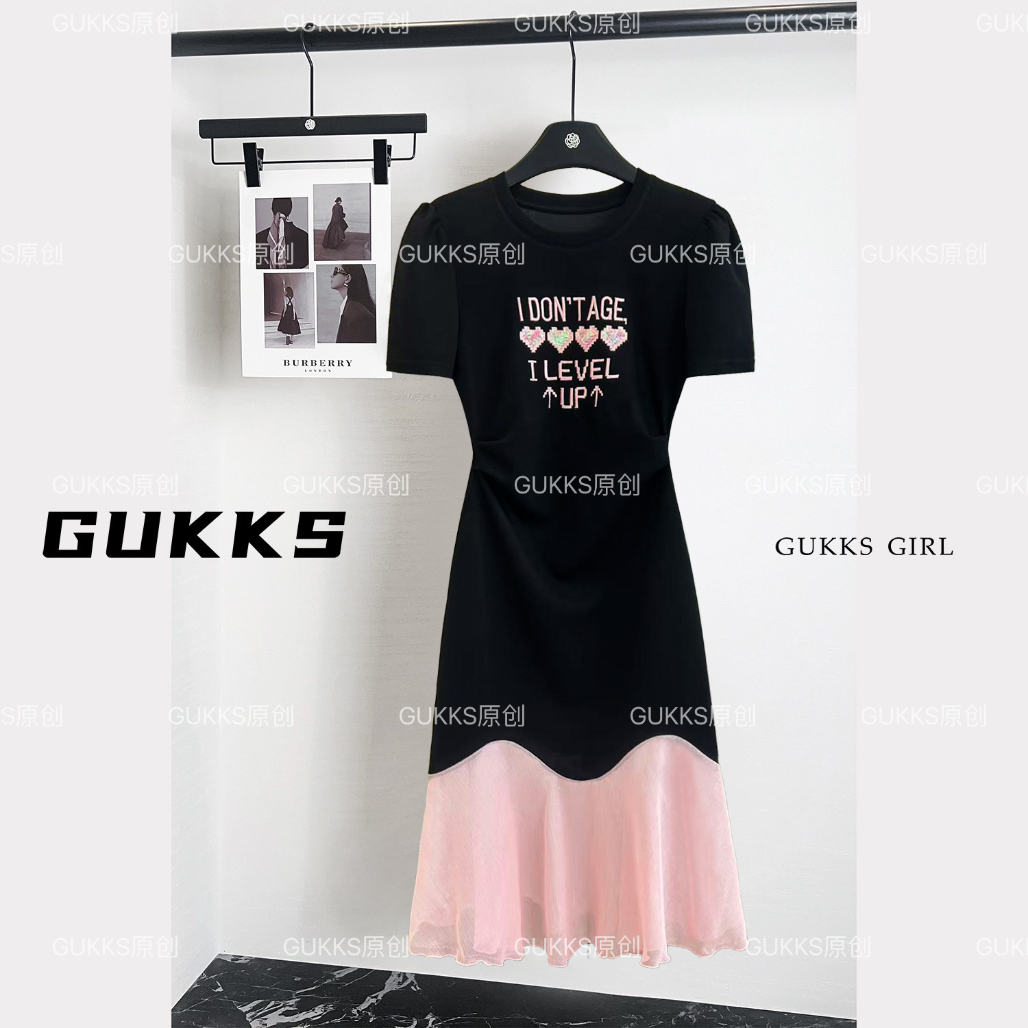 GUSSK/2025夏款轻奢圆领拼接亮钻爱心减龄显瘦连衣裙GK669