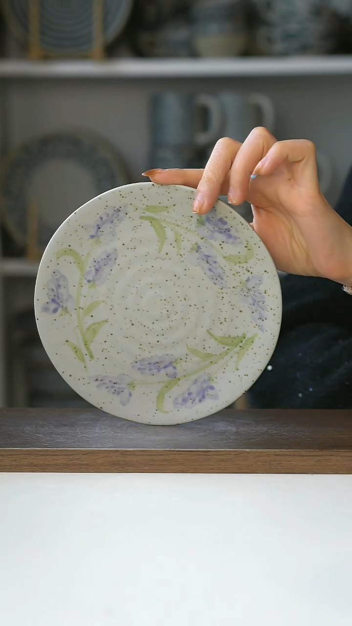 陶粗陶手绘薰衣草甜品盘16.5cm@7-7@