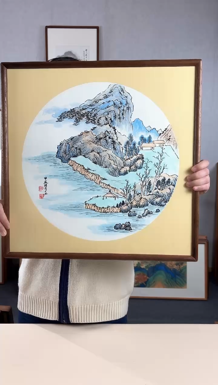 【闪购商品】国画手绘*山水斗方*53*53cm实木框