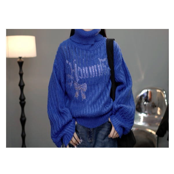 TCH私服秋季氛围感烫钻时尚淑女蓝色针织衫T75D09E1009轻奢tch