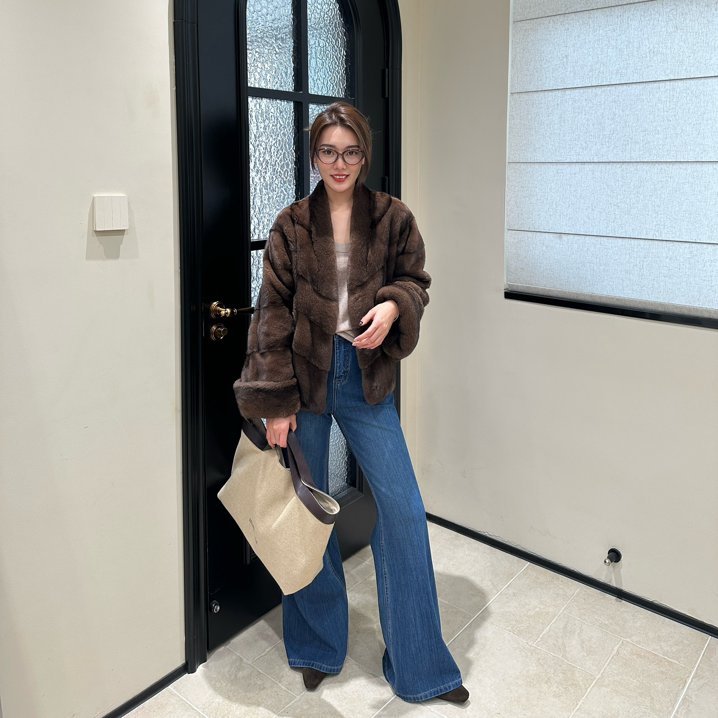 『不晚』“惊鸿入梦”丹麦紫金短二母斜排挽袖V领女士水貂外套