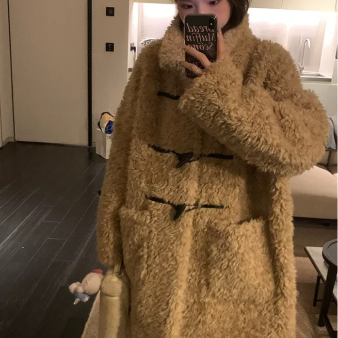 人造皮草 清仓宽松保暖中长款牛角扣泰迪仿羊羔毛外套女