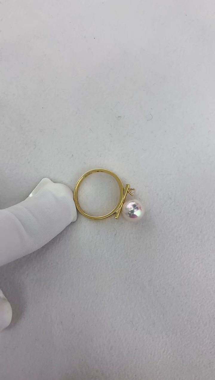 【闪购商品】海水珍珠戒指18K金镶嵌单钻平衡戒指8-8.5
