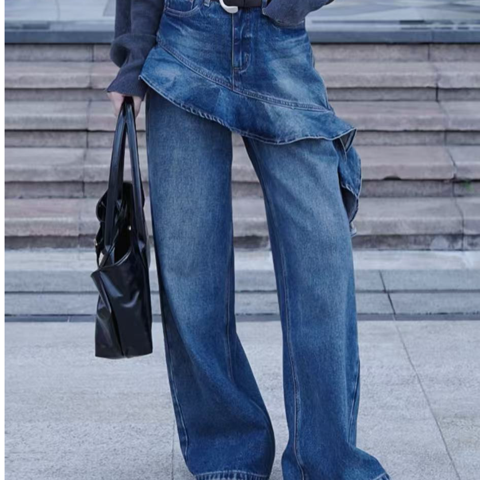 Laimi徕米2025秋冬女装新款复古木耳边时尚百搭阔腿直筒牛仔裤