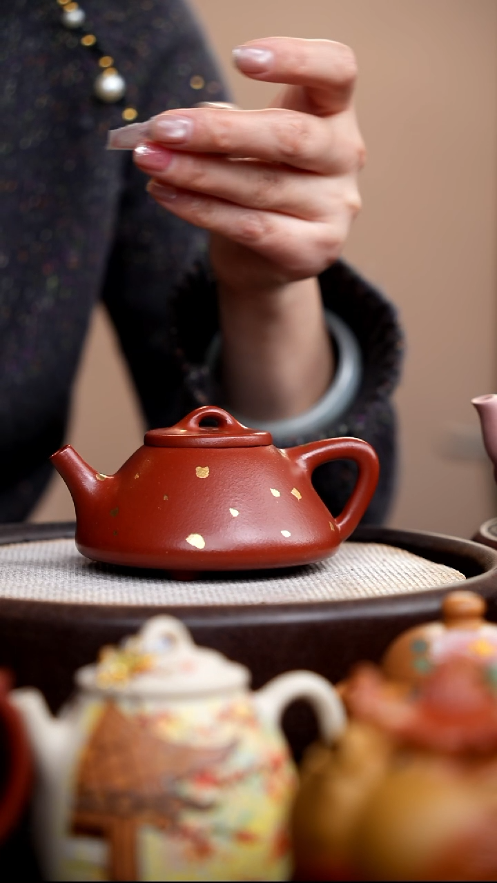 茶壶紫砂朱泥子冶石瓢描金