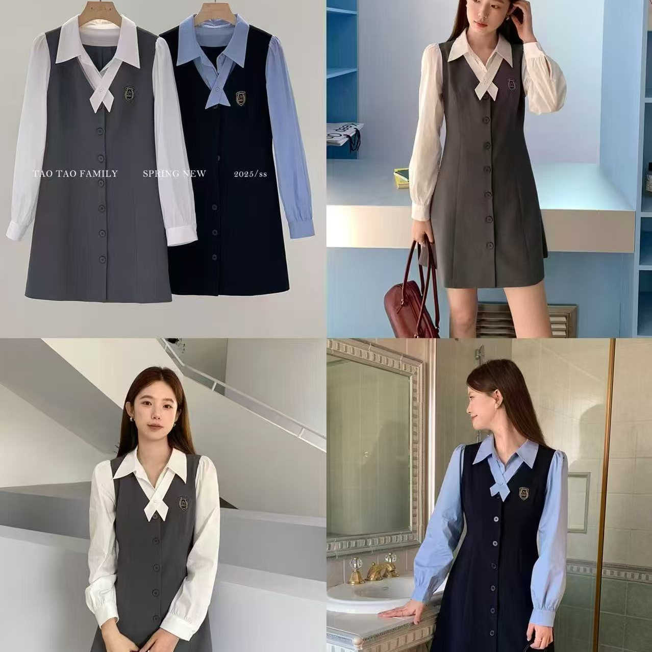 春季韩版学院风假两件优雅气质时尚减龄收腰显瘦长袖连衣裙