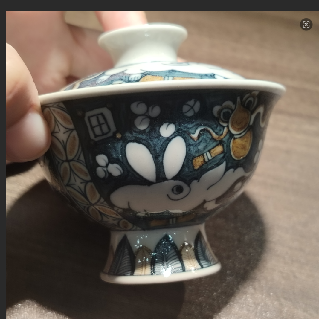 【阿茶】立勤堂青花釉里金兔子高脚盖碗