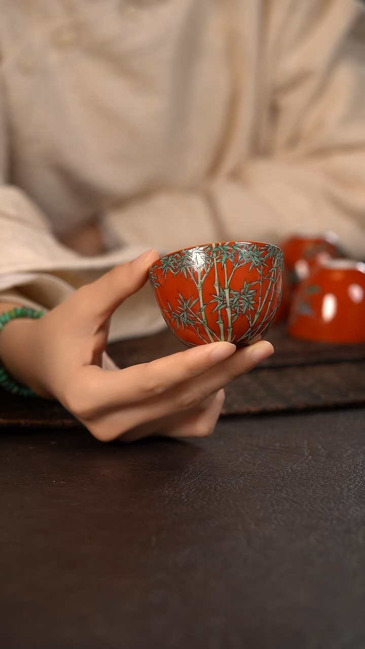 【闪购商品】杯云霞珍藏古彩珊瑚红竹子小缸杯