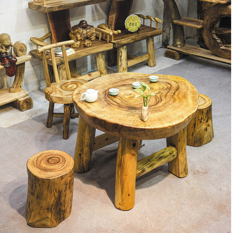香樟木原木茶桌小户型茶几客厅创意茶台实木圆桌家用阳台桌原生态