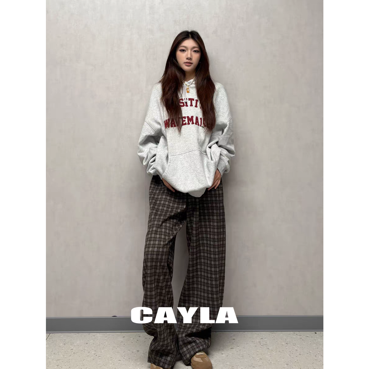 CAYLA慵懒风立体剪裁格纹加厚弯刀裤遮胯梨形天菜休闲裤26SS181