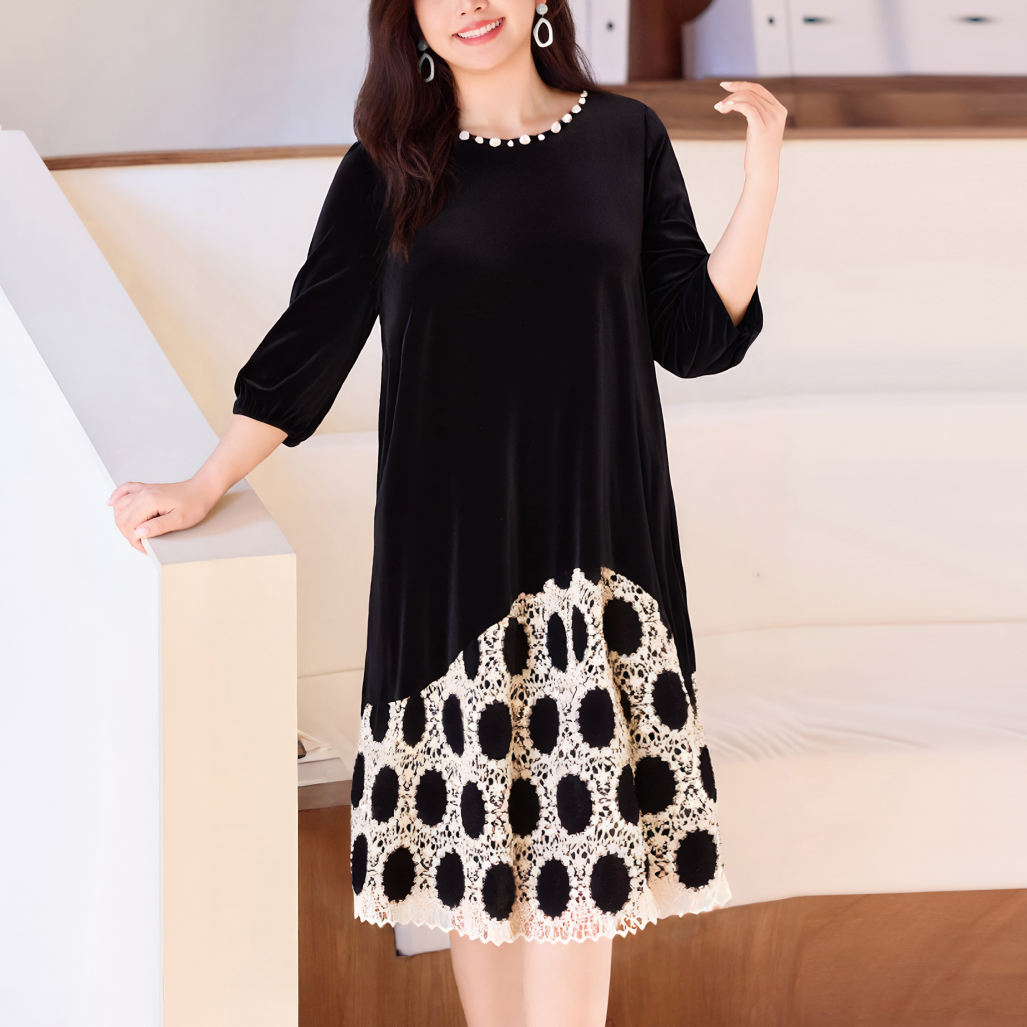 MsShe大码女装冬装水溶蕾丝拼接手工钉珠丝绒连衣裙J~E2510022