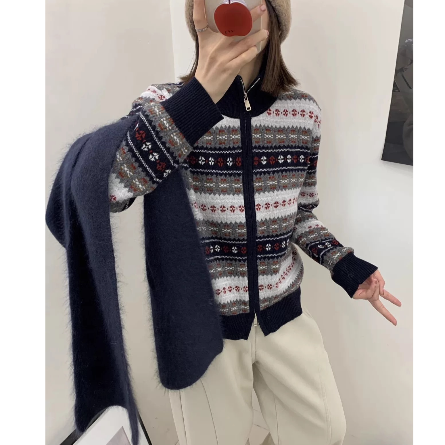 【运费补贴】藏青色费尔岛女青白开衫毛衣针织衫显瘦外套