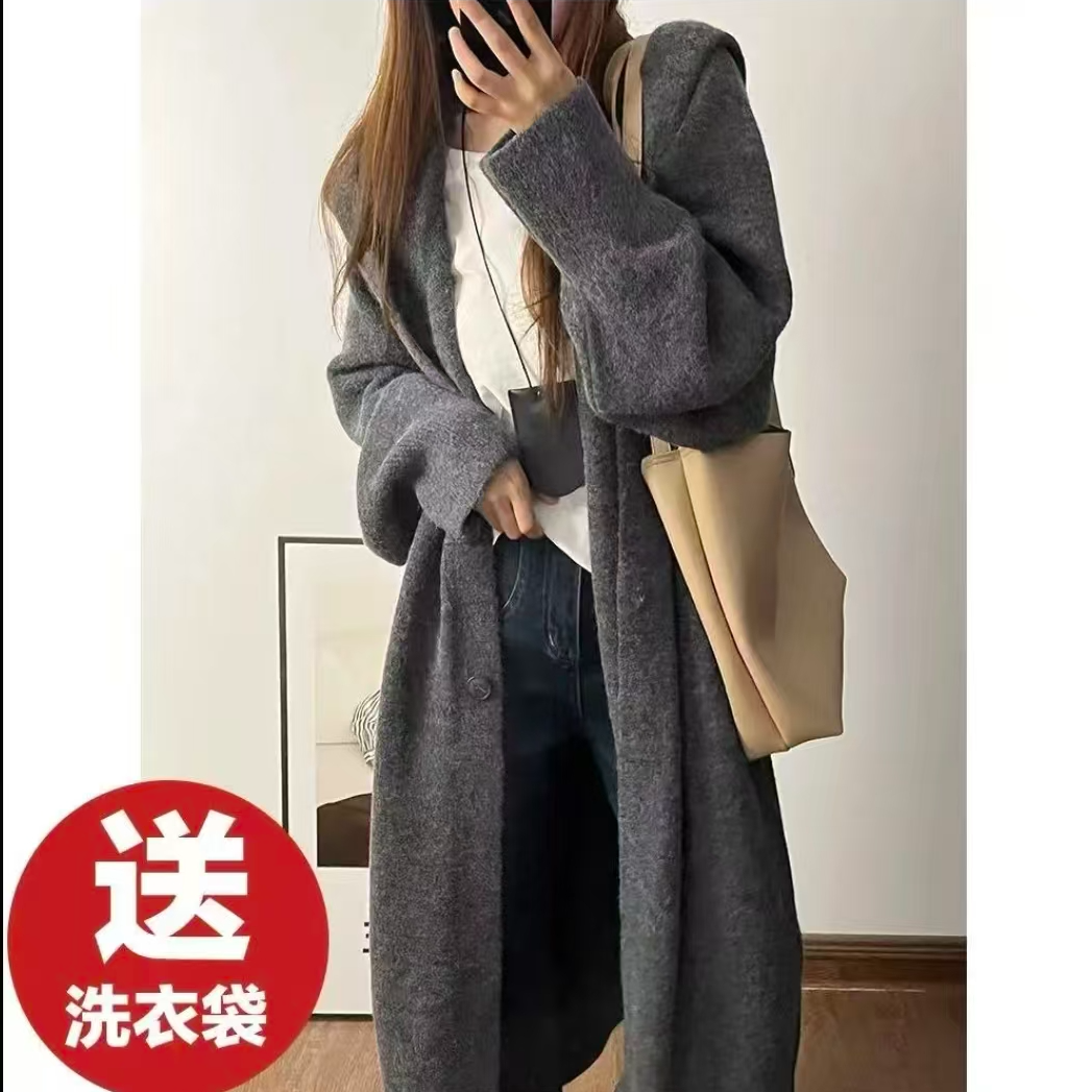 时尚秋冬长款针织衫大码连帽百搭宽松慵懒风加厚中长款灰色DZ999