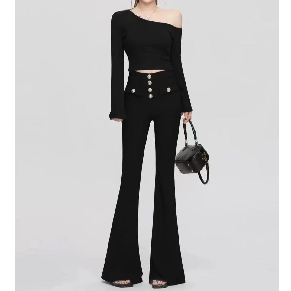 LMMMGOGH春季新款加绒加厚微喇叭裤高筒修身拖地长裤