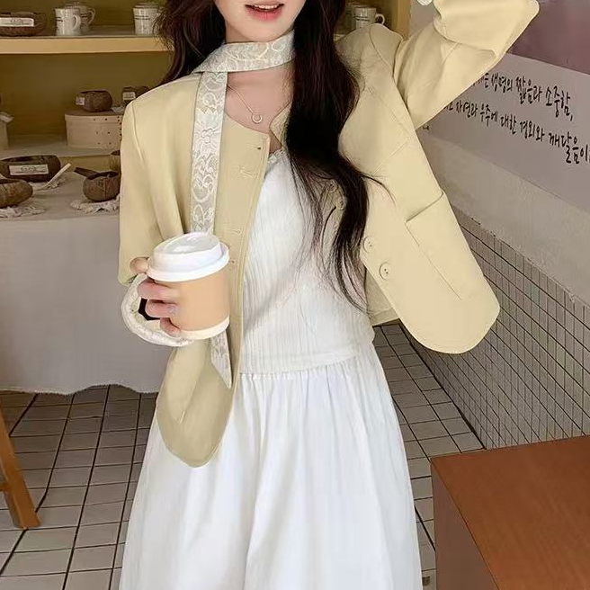 【娜姐家】25A8608#法式气质蕾丝拼接皮面外套