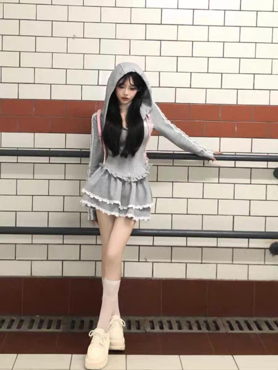 大码胖MM甜美风连帽卫衣半身裙套装修身显瘦时尚减龄两件套女装