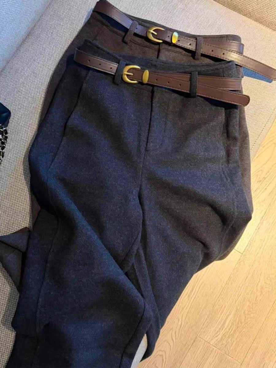 毛呢加绒阔腿休闲裤女2025秋冬季新款高腰显瘦韩系时尚九分直筒裤