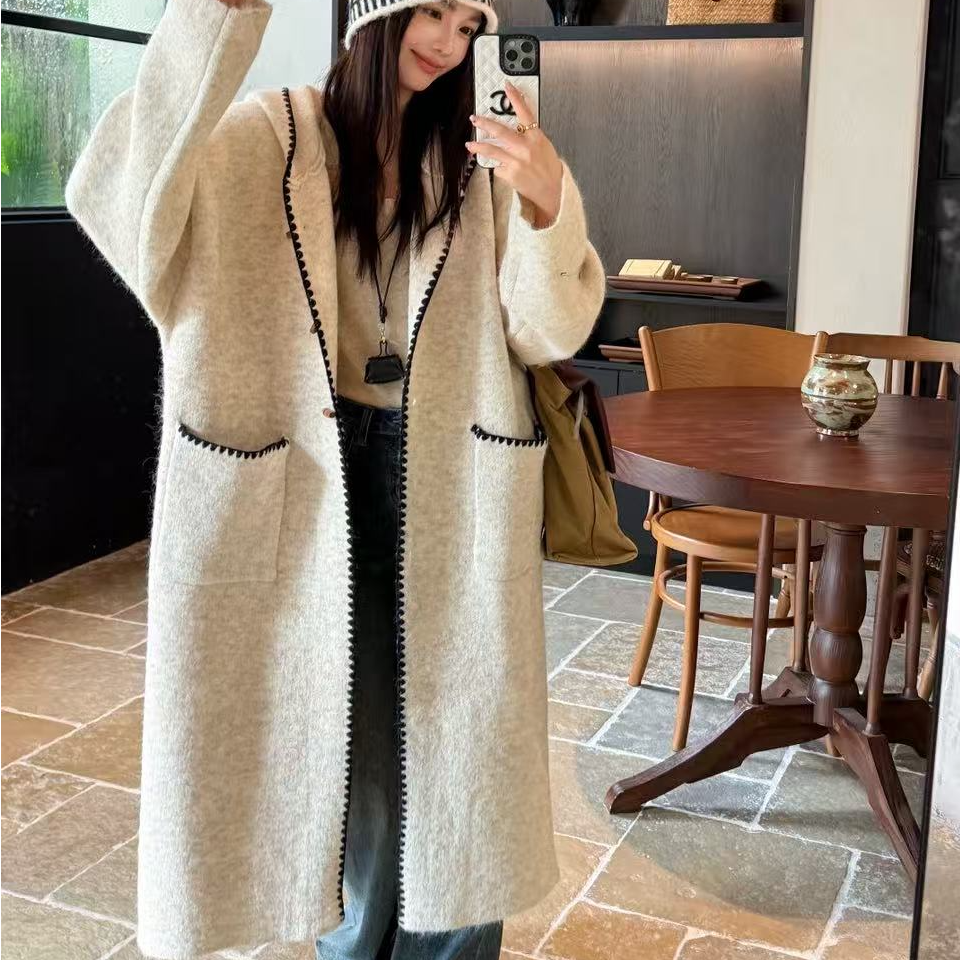 [DARUI]韩系海军领毛牙花边长外套慵懒风宽松显瘦针织毛衣6035