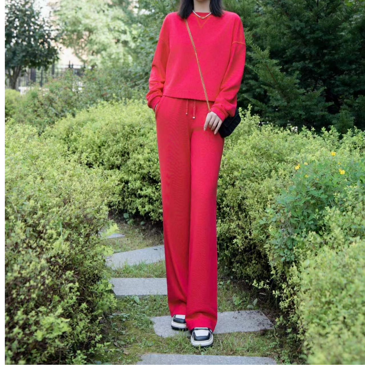 哥弟GIRDEAR【潮牌套装】秋季运动百搭休闲直筒高腰阔腿裤1100280