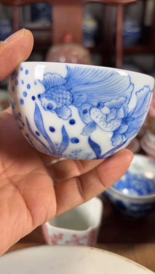 柴窑青花金玉满堂杯杯