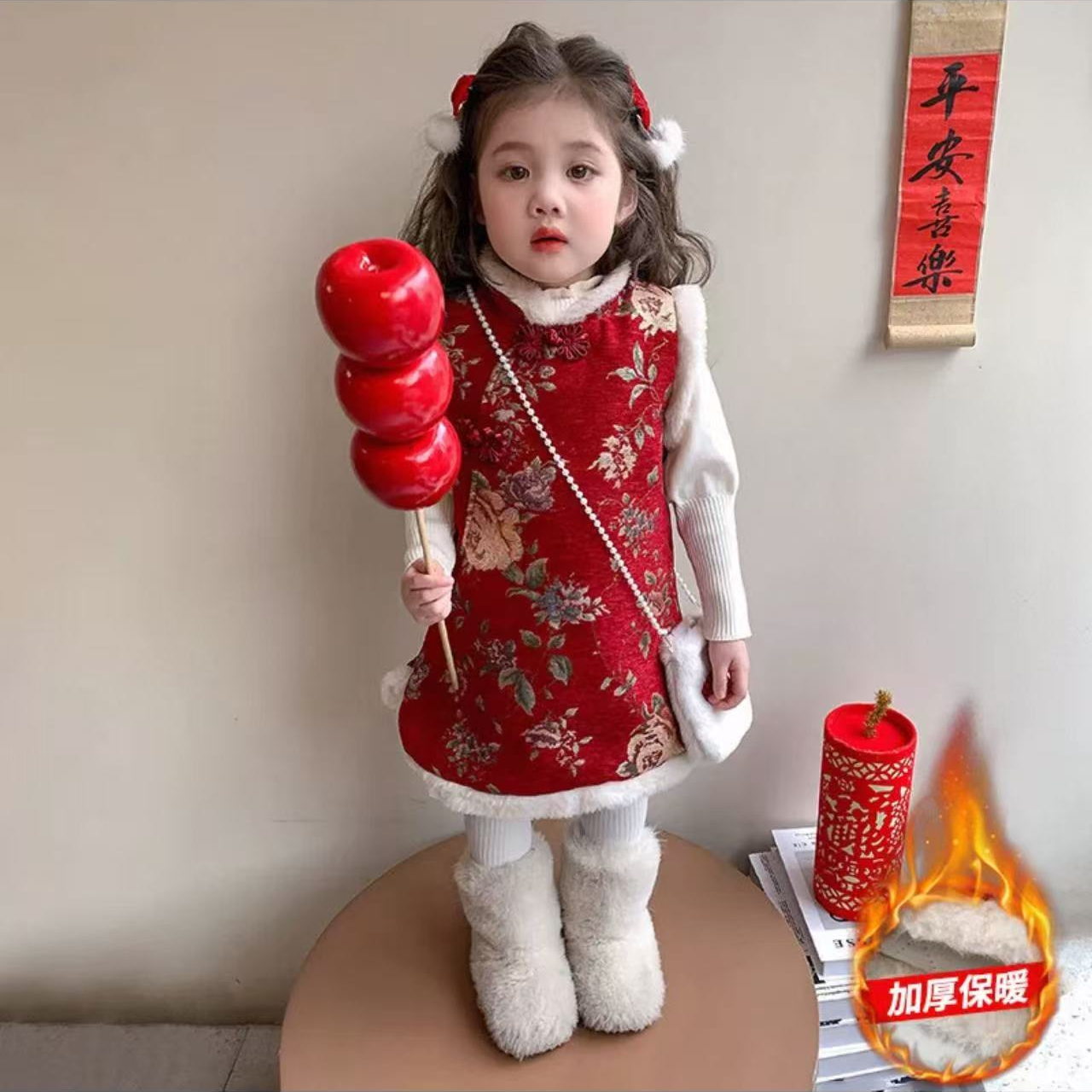 女童复古国风提花刺绣洋气旗袍裙加绒上衣两件套加厚