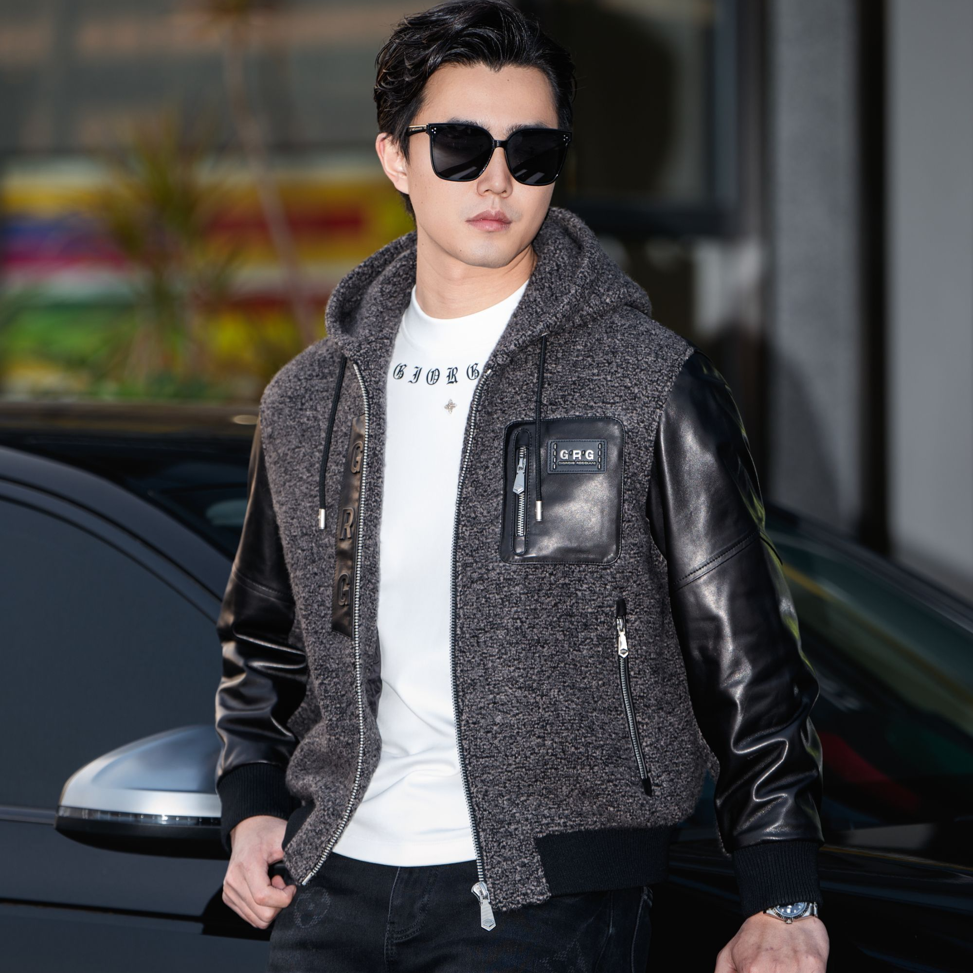 AipuDongni/艾普东尼新款轻奢连帽羊皮拼接皮夹克羽绒保暖外套