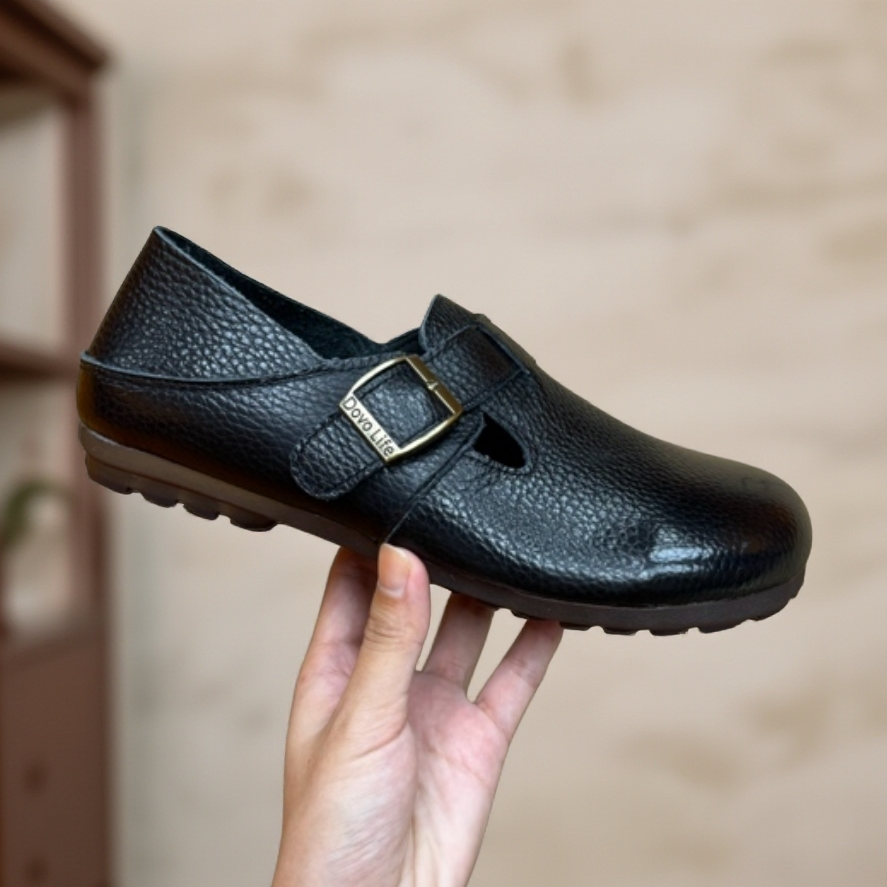 复古搭扣圆头懒人鞋单鞋舒适软底真皮平底鞋女鞋豆豆鞋百搭皮鞋