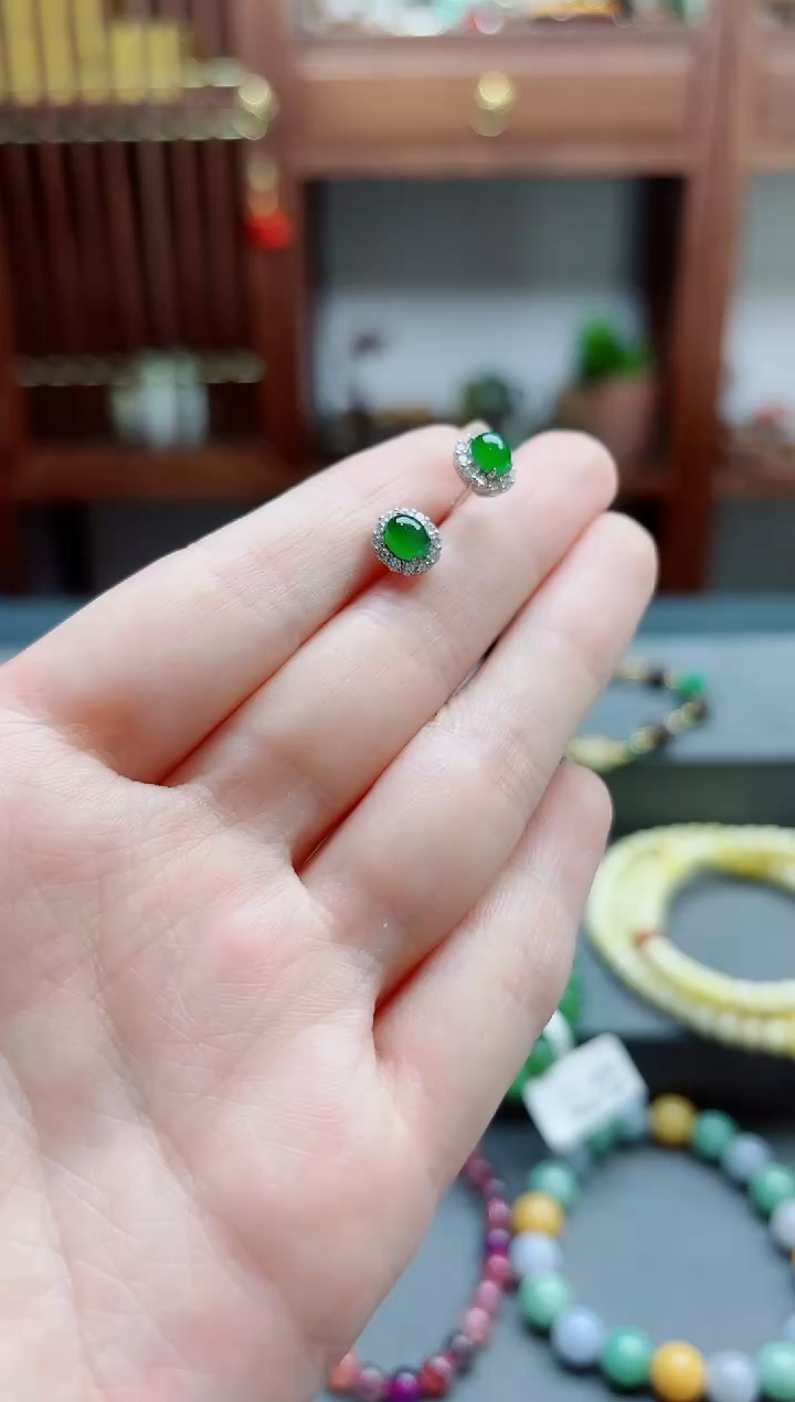 翡翠银S925镶嵌耳饰s925银翡翠耳钉YD